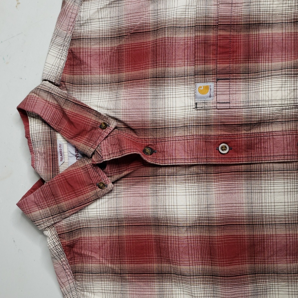 Carhartt 100% Cotton Plaid Button Up Short Sleeves Shirt Size L Preppy Western
